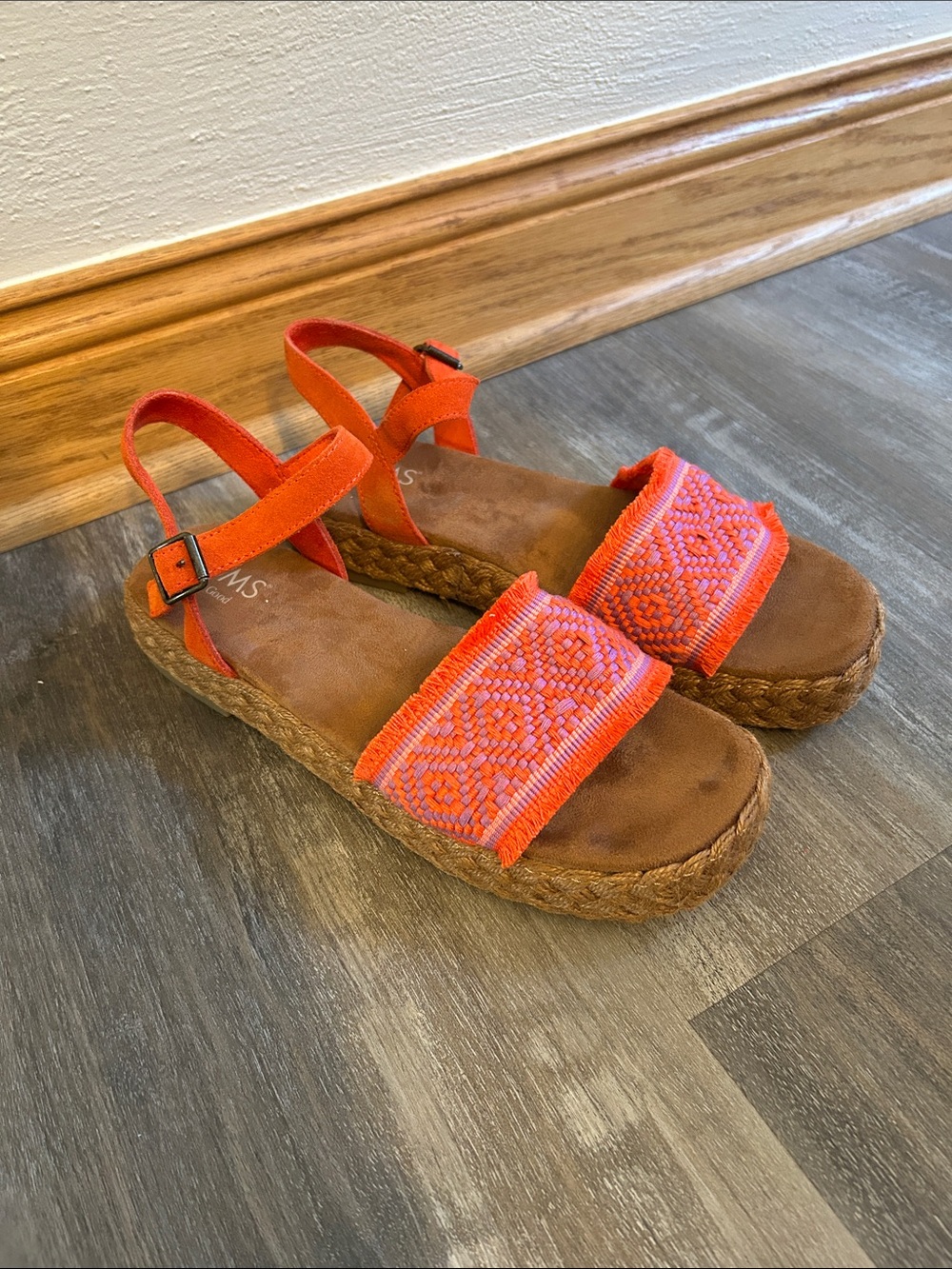 Toms Women's Orange Embroidered Espadrille Platform Sandals, Size 9